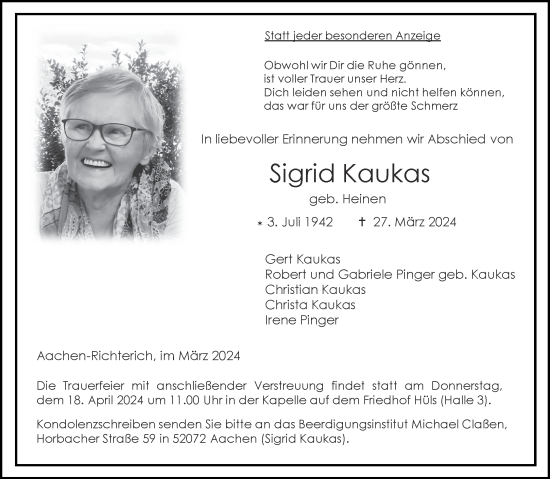 Traueranzeige von Sigrid Kaukas von Aachener Zeitung