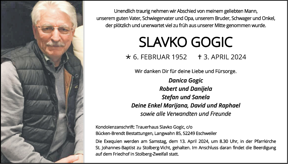  Traueranzeige für Slavko Gogic vom 10.04.2024 aus Aachener Zeitung