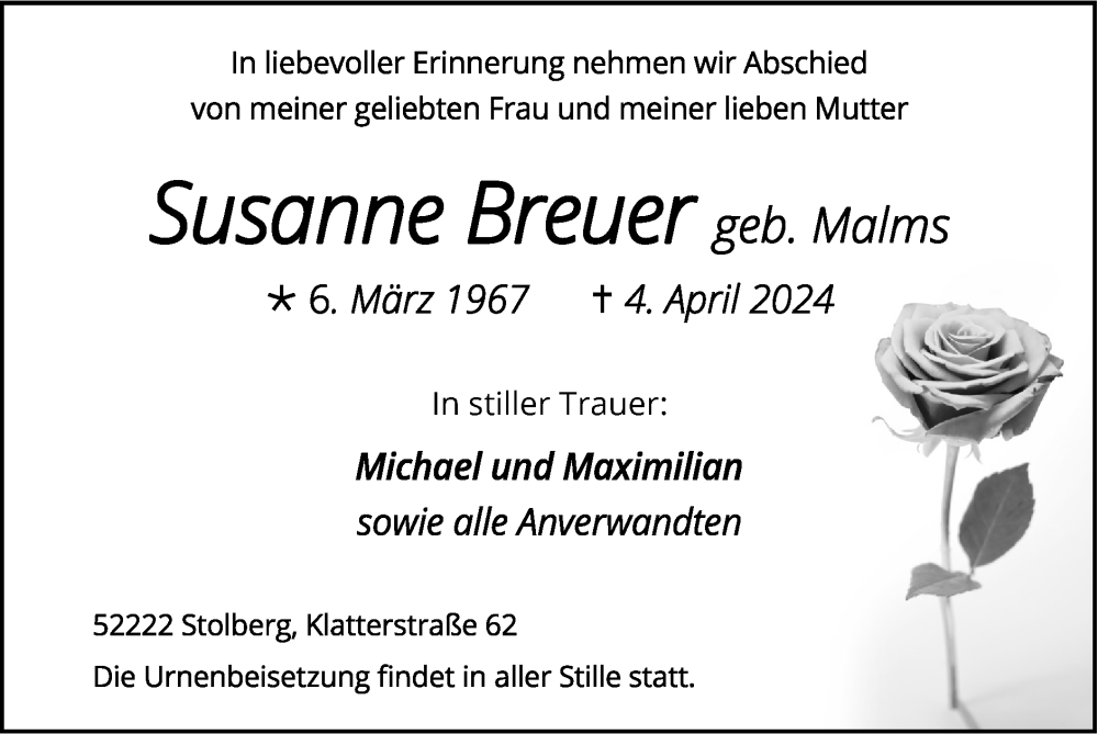 Traueranzeige für Susanne Breuer vom 14.04.2024 aus Zeitung am Sonntag