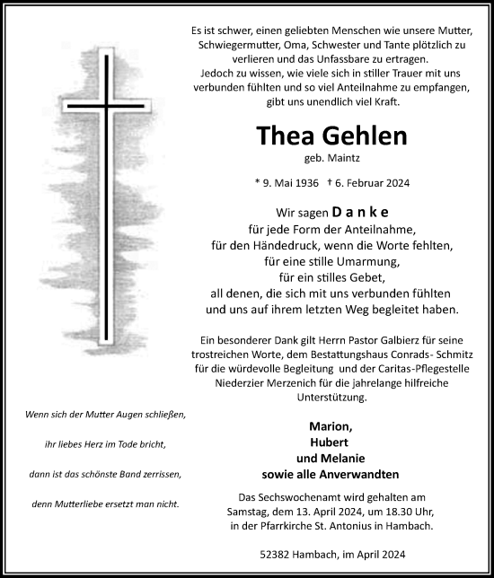 Traueranzeige von Thea Gehlen von Zeitung am Sonntag