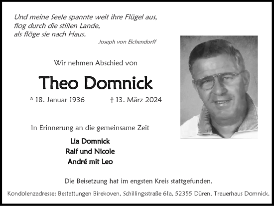 Traueranzeige von Theo Domnick von Zeitung am Sonntag