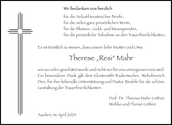 Traueranzeige von Therese  Mahr von Aachener Zeitung