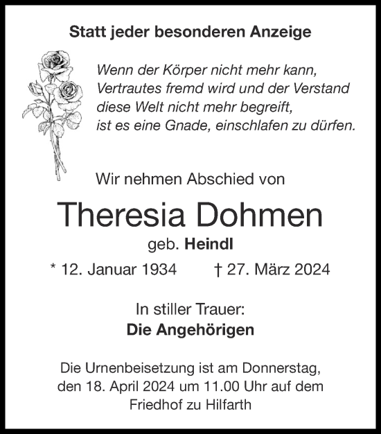 Traueranzeige von Theresia Dohmen von Zeitung am Sonntag