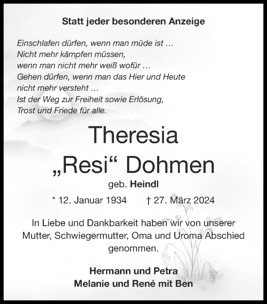 Traueranzeige von Theresia Dohmen von Zeitung am Sonntag