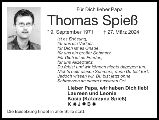 Traueranzeige von Thomas Spieß von Zeitung am Sonntag