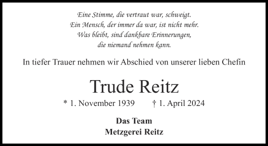 Traueranzeige von Trude Reitz von Zeitung am Sonntag