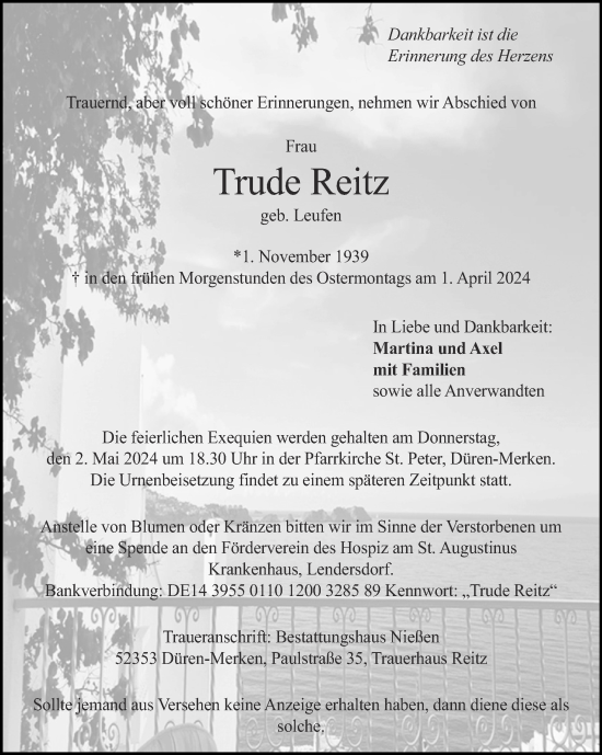 Traueranzeige von Trude Reitz von Zeitung am Sonntag