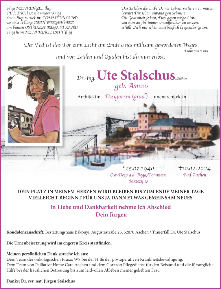  Traueranzeige für Ute Stalschus vom 13.04.2024 aus Aachener Zeitung