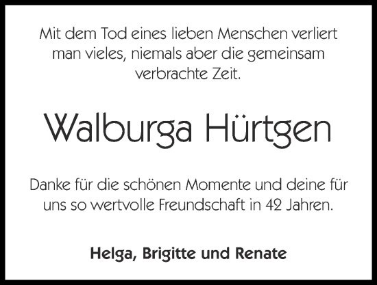 Traueranzeige von Walburga Hürtgen von Zeitung am Sonntag