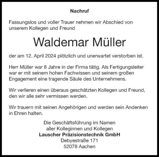 Traueranzeige von Waldemar Müller von Aachener Zeitung