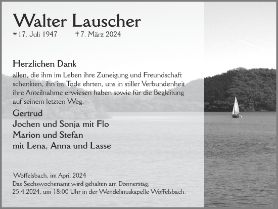 Traueranzeige von Walter Lauscher von Zeitung am Sonntag