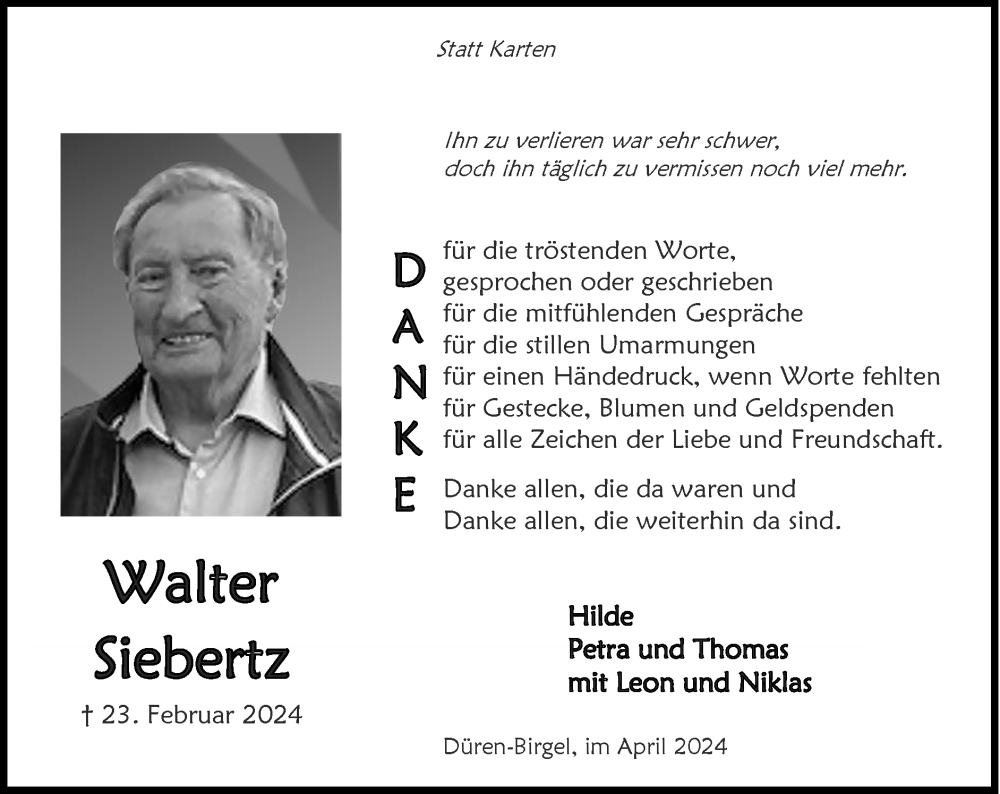  Traueranzeige für Walter Siebertz vom 14.04.2024 aus Zeitung am Sonntag