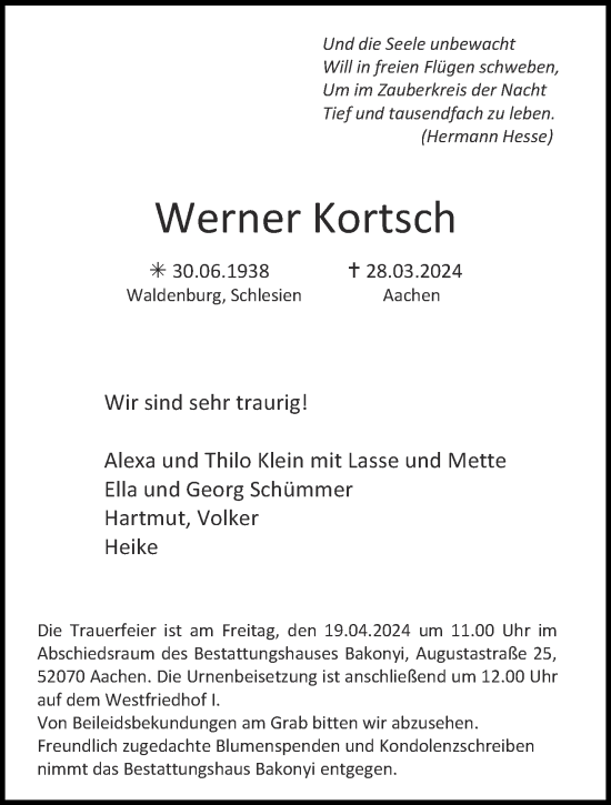 Traueranzeige von Werner Kortsch von Aachener Zeitung