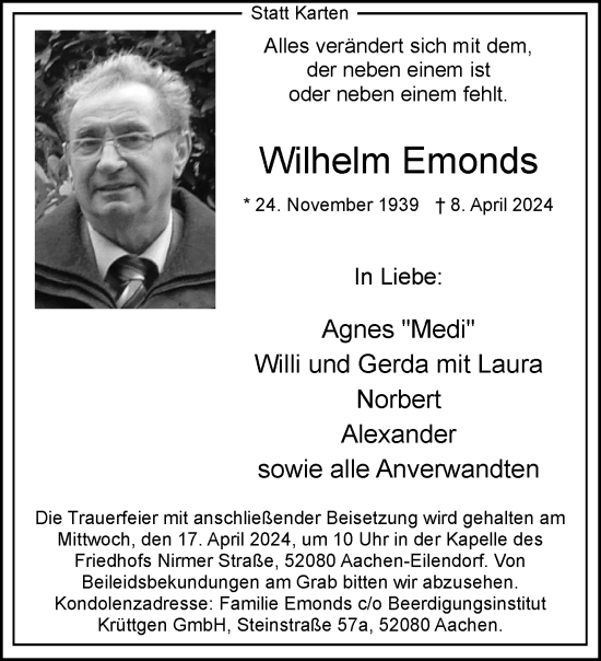 Traueranzeige von Wilhelm Emonds von Aachener Zeitung
