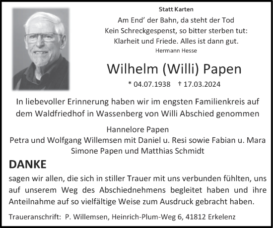 Traueranzeige von Wilhelm Papen von Zeitung am Sonntag