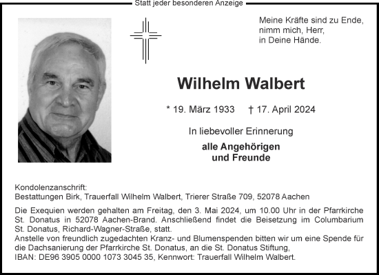 Traueranzeige von Wilhelm Walbert von Aachener Zeitung