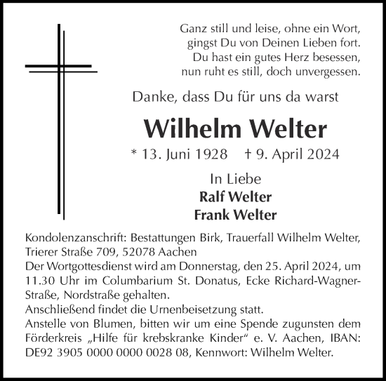 Traueranzeige von Wilhelm Welter von Aachener Zeitung