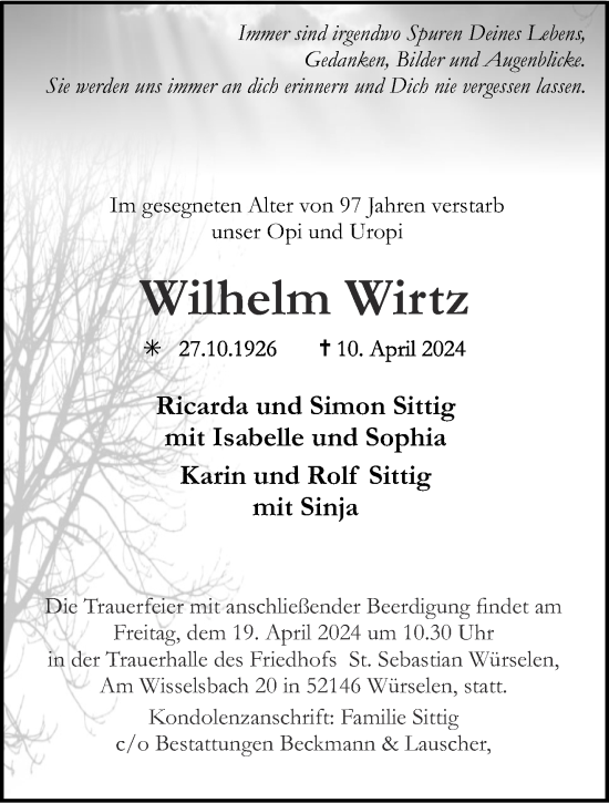 Traueranzeige von Wilhelm Wirtz von Aachener Zeitung