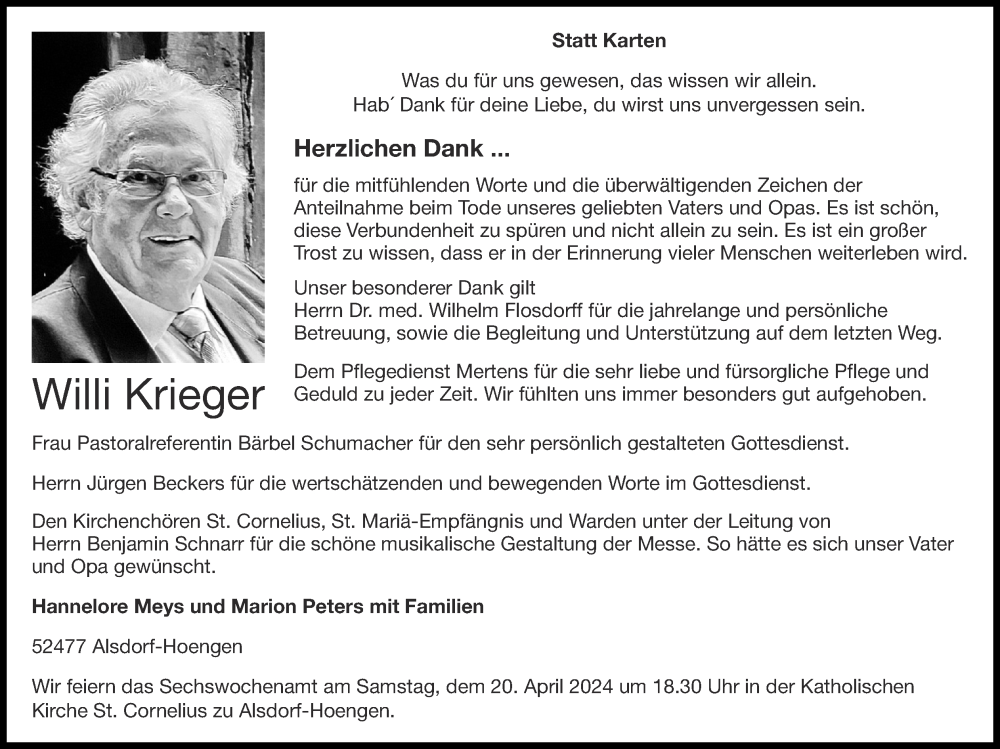  Traueranzeige für Willi Krieger vom 14.04.2024 aus Zeitung am Sonntag