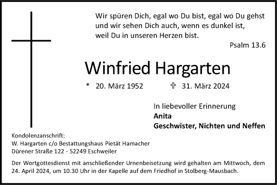 Traueranzeige von Winfried Hargarten von Zeitung am Sonntag