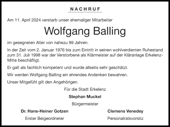 Traueranzeige von Wolfgang Balling von Zeitung am Sonntag