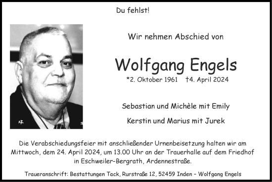Traueranzeige von Wolfgang Engels von Zeitung am Sonntag