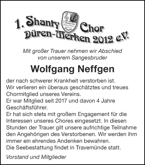 Traueranzeige von Wolfgang Neffgen von Zeitung am Sonntag