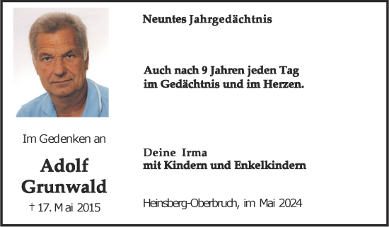 Traueranzeige von Adolf Grunwald von Zeitung am Sonntag