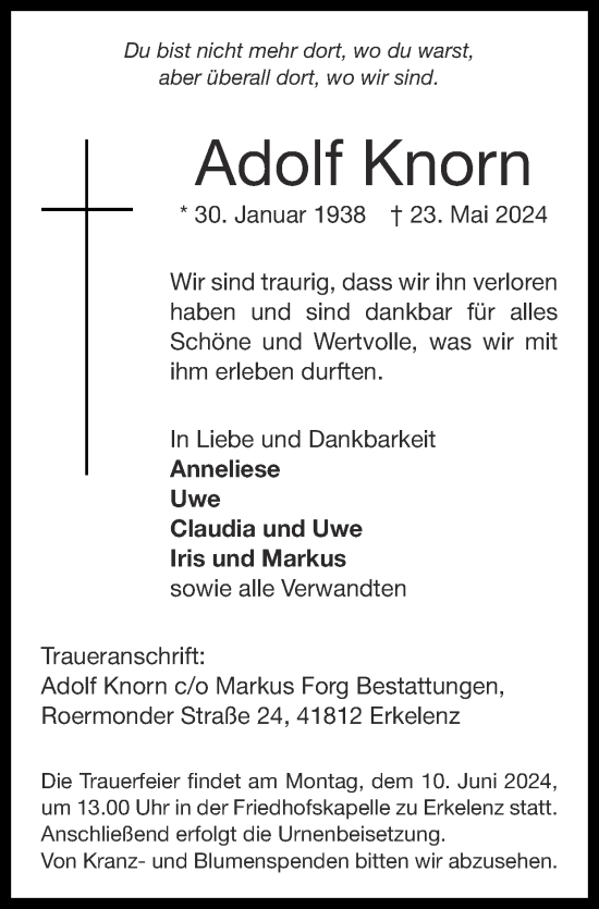 Traueranzeige von Adolf Knorn von Zeitung am Sonntag