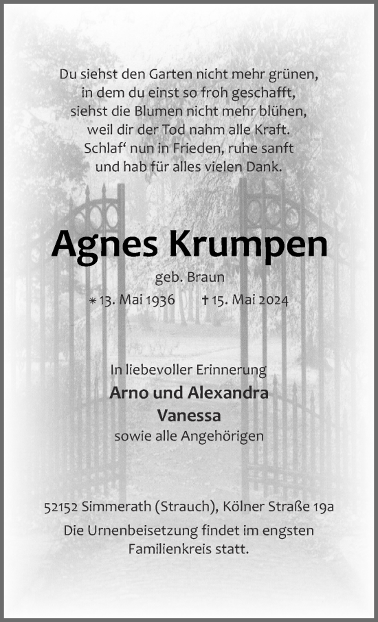 Traueranzeige von Agnes Krumpen von Zeitung am Sonntag