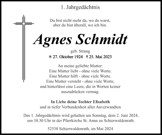 Traueranzeige von Agnes Schmidt von Zeitung am Sonntag