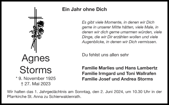 Traueranzeige von Agnes Storms von Zeitung am Sonntag