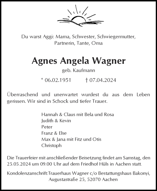 Traueranzeige von Agnes Angela Wagner von Aachener Zeitung