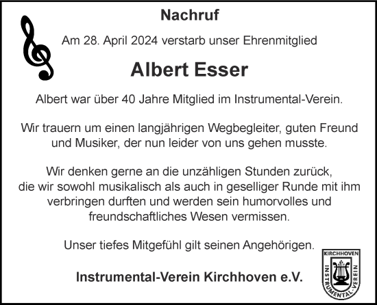 Traueranzeige von Albert Esser von Zeitung am Sonntag