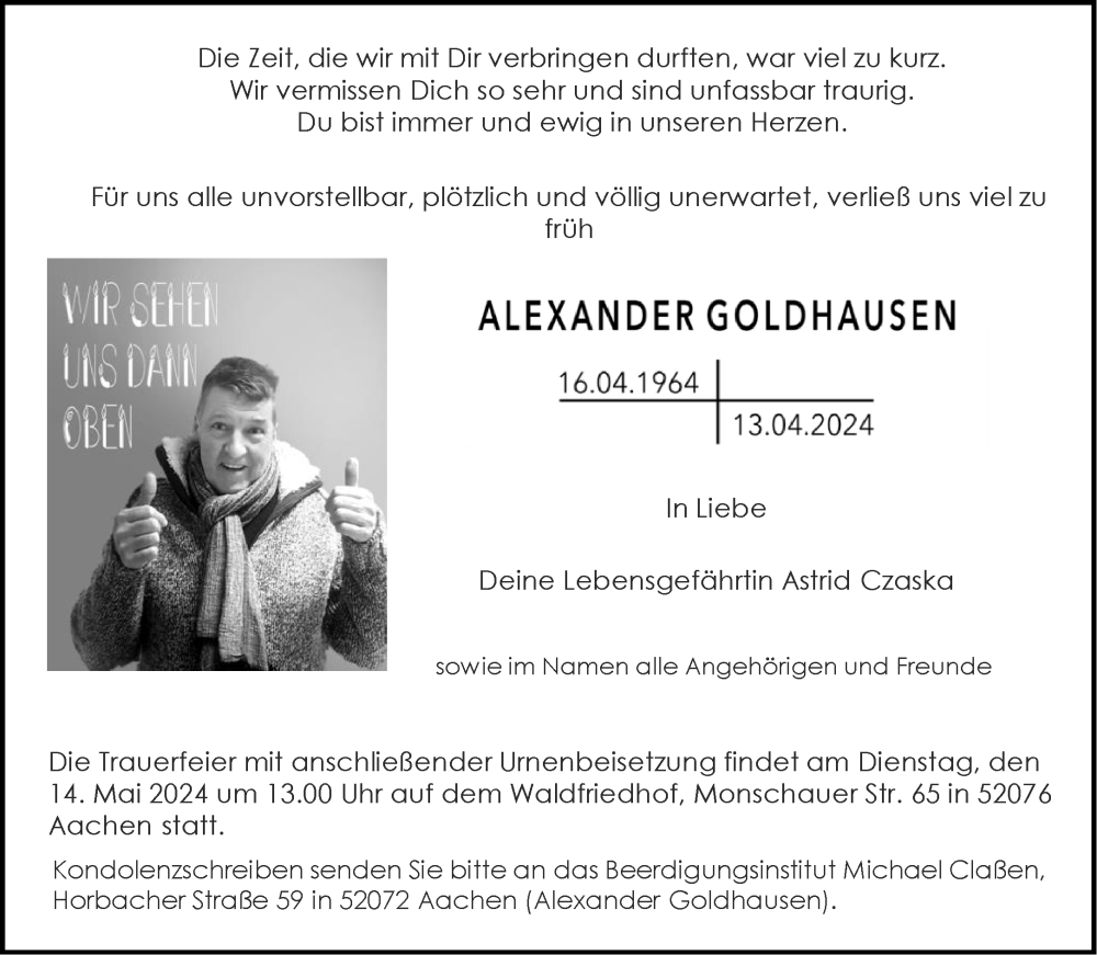  Traueranzeige für Alexander Goldhausen vom 04.05.2024 aus Aachener Zeitung