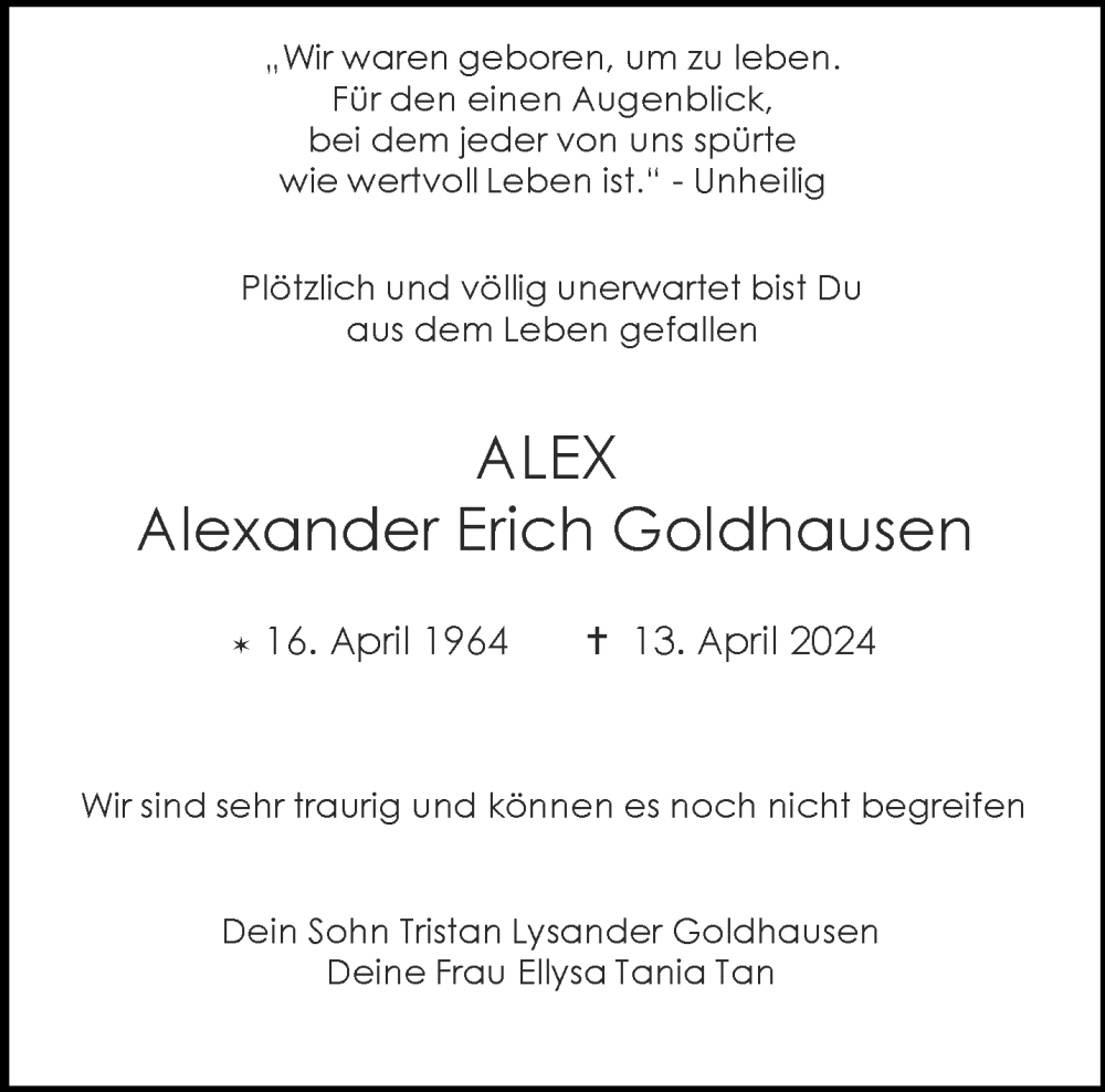 Traueranzeigen von Alexander Erich Goldhausen Aachen gedenkt