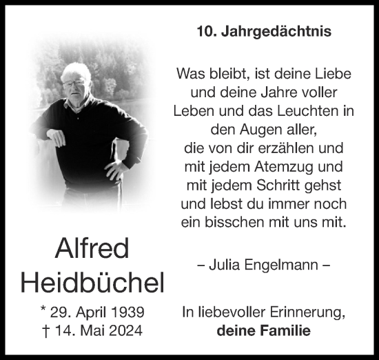 Traueranzeige von Alfred Heidbüchel von Zeitung am Sonntag