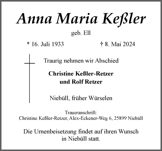 Traueranzeige von Anna Maria Keßler von Aachener Zeitung