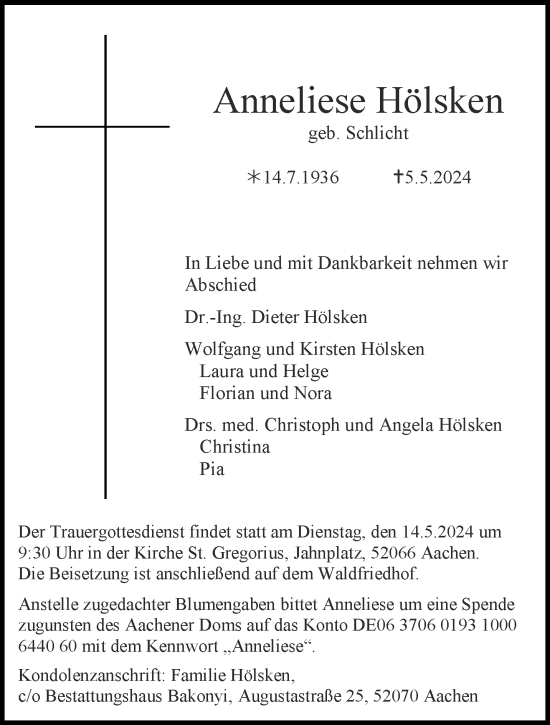 Traueranzeige von Anneliese Hölsken von Aachener Zeitung