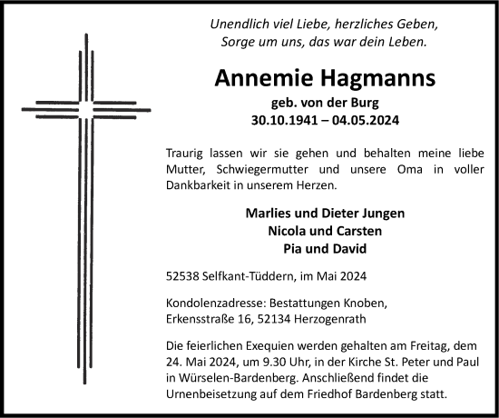 Traueranzeige von Annemie Hagmanns von Zeitung am Sonntag