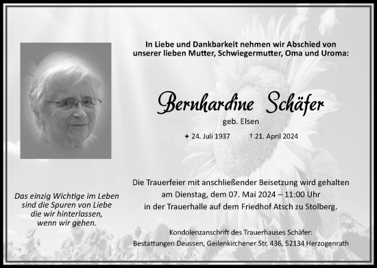 Traueranzeige von Bernhardine Schäfer von Zeitung am Sonntag