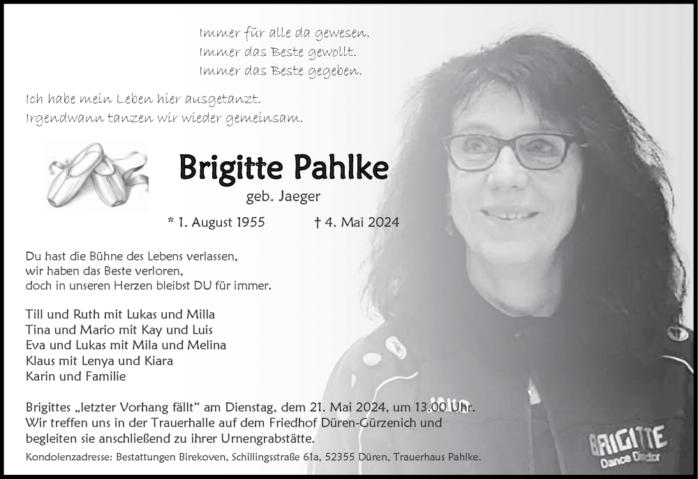  Traueranzeige für Brigitte Pahlke vom 12.05.2024 aus Zeitung am Sonntag
