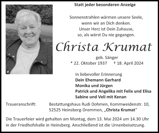 Traueranzeige von Christa Krumat von Zeitung am Sonntag