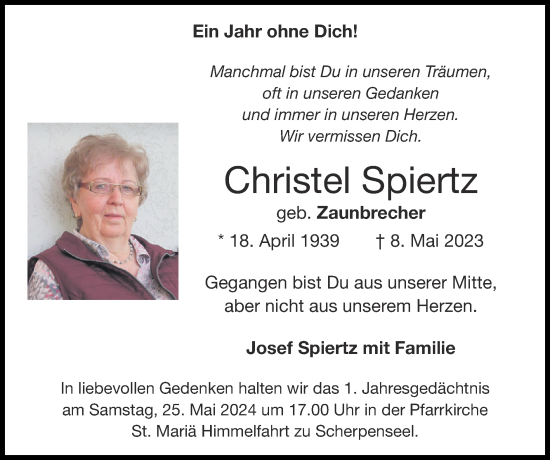 Traueranzeige von Christel Spiertz von Zeitung am Sonntag