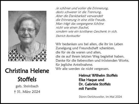 Traueranzeige von Christina Helene Stoffels von Zeitung am Sonntag