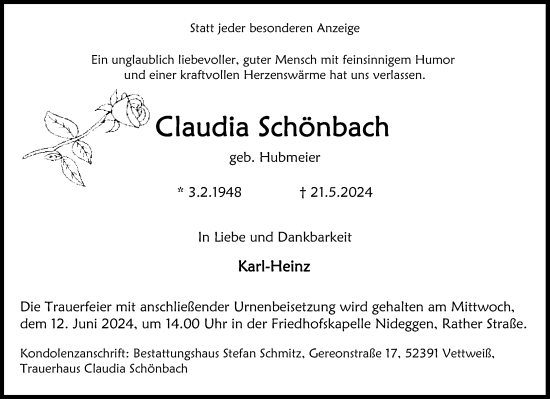 Traueranzeige von Claudia Schönbach von Aachener Zeitung