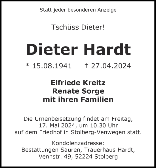 Traueranzeige von Dieter Hardt von Zeitung am Sonntag