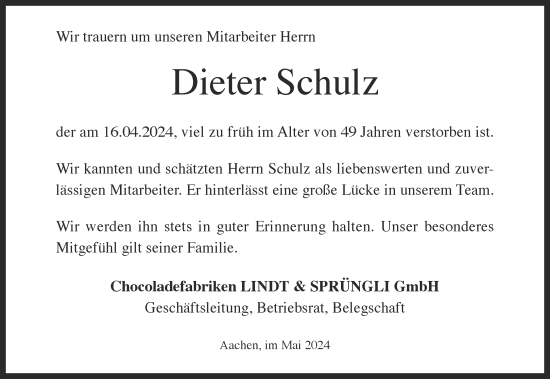 Traueranzeige von Dieter Schulz von Aachener Zeitung