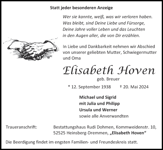 Traueranzeige von Elisabeth Hoven von Zeitung am Sonntag