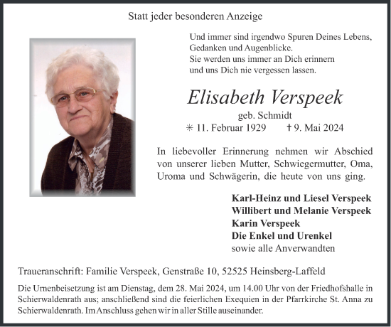 Traueranzeige von Elisabeth Verspeek von Zeitung am Sonntag